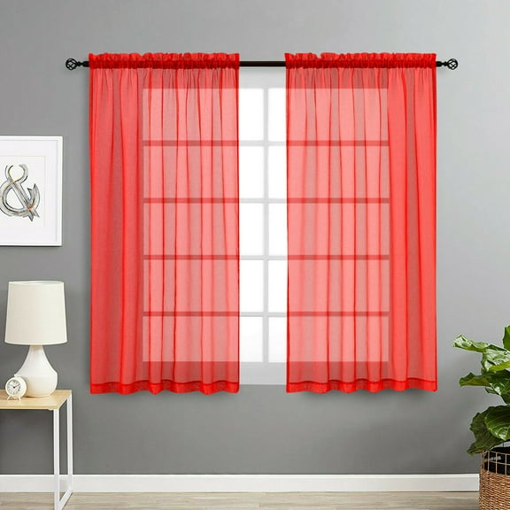 Basic Home Rod Pocket Sheer Voile Window Curtains - Red, 45 in. Long