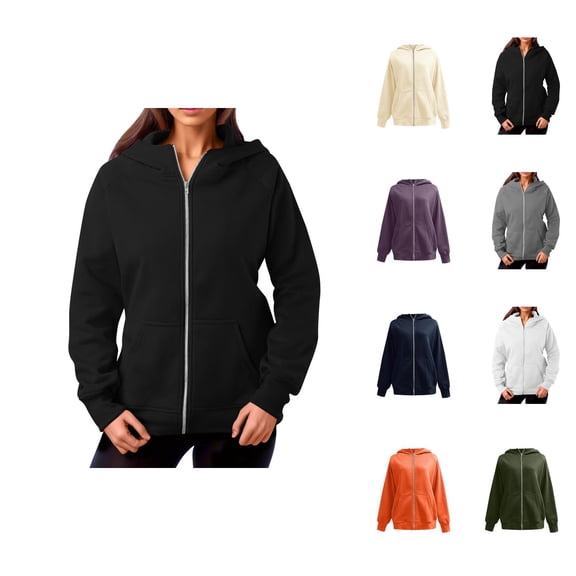 Basic Hoodie Jacket for Women Fall Winter Long Sleeve Plain Zip Up Hooded Sweatshirt with Pockets Coat Outerwear