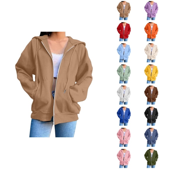 Basic Hoodie for Women with Pockets Long Sleeve Basic Zip Up Sweatshirt Hoodie Cardigan Coat
