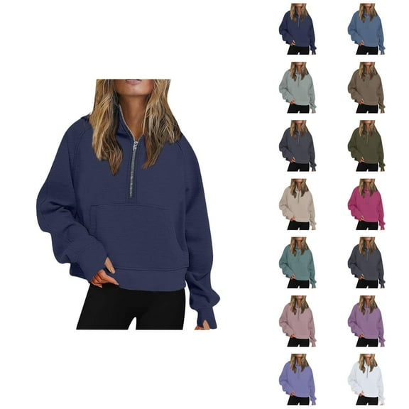 Basic Hoodies for Women 2025 Fall Winter Long Sleeve Half Zipper Hoodie with Pockets Hooded Sweatshirt Pullover Tops