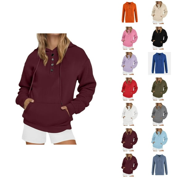 Basic Hoodies for Women 2025 Long Sleeve Button Plain Hoodie with Pockets Streetwear Hooded Sweatshirt Pullover Tops