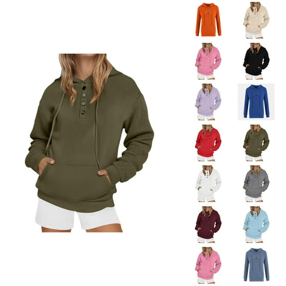 Basic Hoodies for Women 2025 Long Sleeve Button Plain Hoodie with Pockets Streetwear Hooded Sweatshirt Pullover Tops