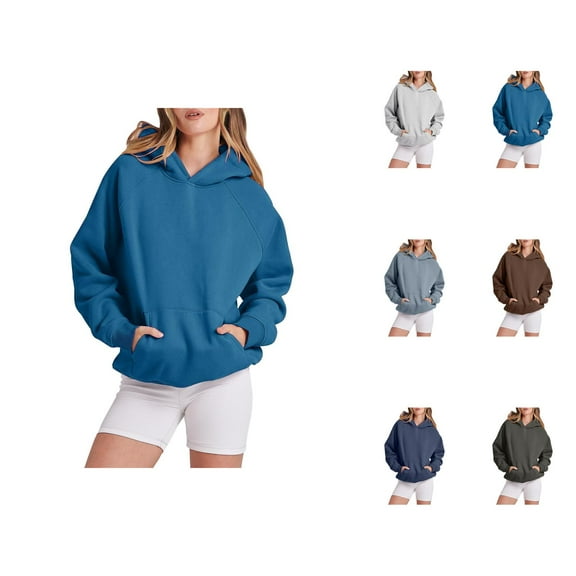 Basic Hoodies for Women 2025 Long Sleeve Drop Shoulder Plain Baggy Hoodie with Pockets Hooded Sweatshirt Pullover Tops