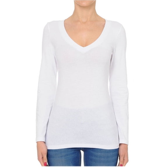 Basic Jersey Cotton Deep V-Neck Long Sleeve Casual Tee Shirt