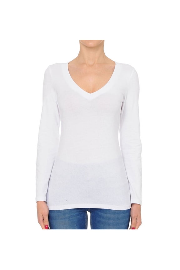 Basic Jersey Cotton Deep V-Neck Long Sleeve Casual Tee Shirt