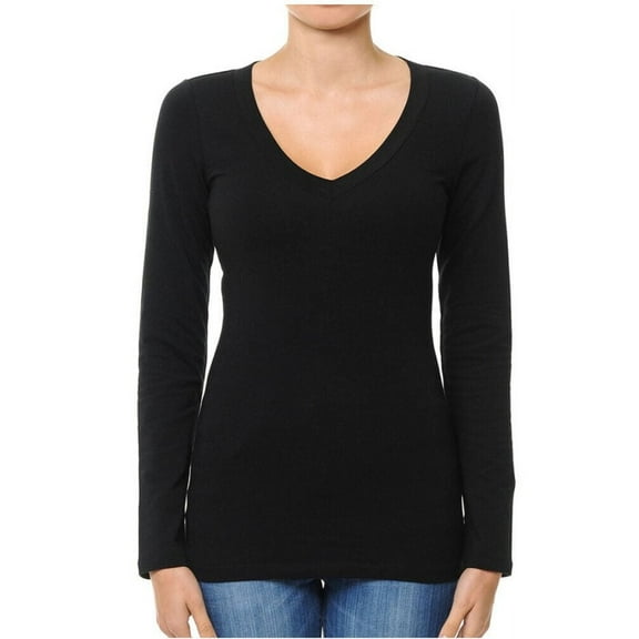 Basic Jersey Cotton Deep V-Neck Long Sleeve Casual Tee Shirt
