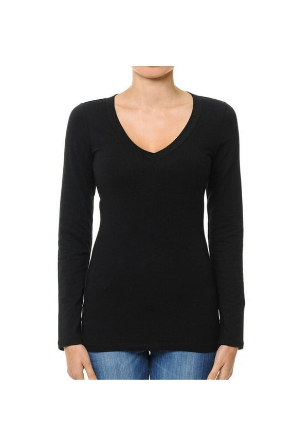 Basic Jersey Cotton Deep V-Neck Long Sleeve Casual Tee Shirt