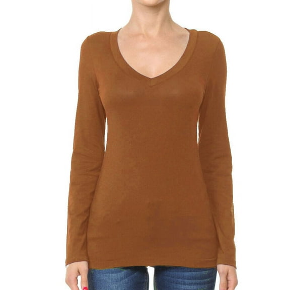 Basic Jersey Cotton Deep V-Neck Long Sleeve Casual Tee Shirt