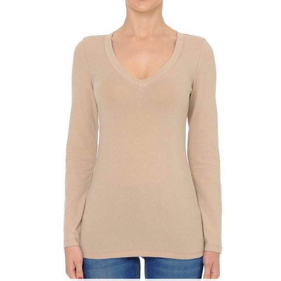 Basic Jersey Cotton Deep V-Neck Long Sleeve Casual Tee Shirt
