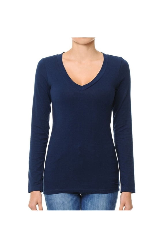 Basic Jersey Cotton Deep V-Neck Long Sleeve Casual Tee Shirt