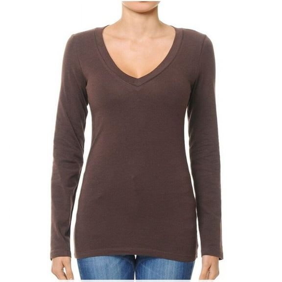 Basic Jersey Cotton Deep V-Neck Long Sleeve Casual Tee Shirt
