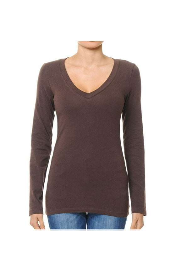 Basic Jersey Cotton Deep V-Neck Long Sleeve Casual Tee Shirt