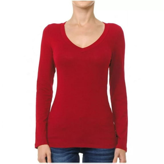 Basic Jersey Cotton Deep V-Neck Long Sleeve Casual Tee Shirt