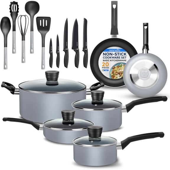 Basic Kitchen Cookware Set, Black Non-Stick Coating Inside, Heat Resistant Lacquer (20-Piece Set), One Size, Gray