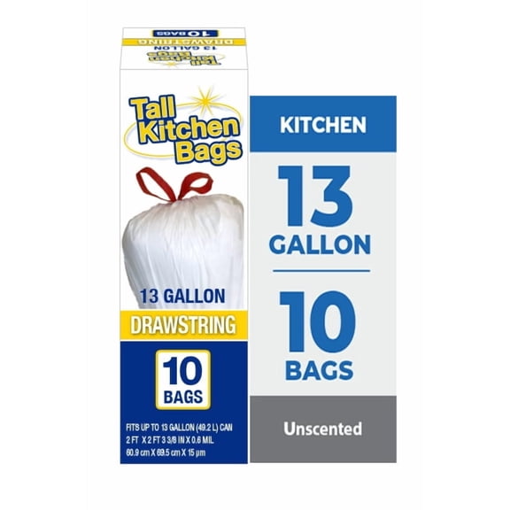 Basic Kitchen Trash Bags, 13 Gallon, 10 Bags (Drawstring)