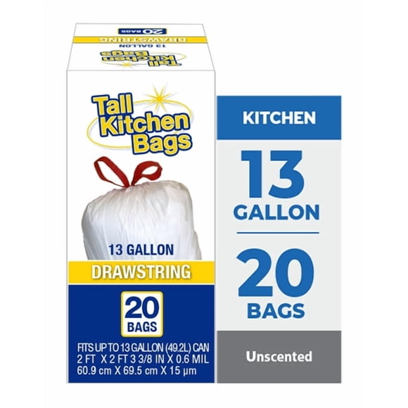 Basic Kitchen Trash Bags, 13 Gallon, Drawstring, 20 Bags