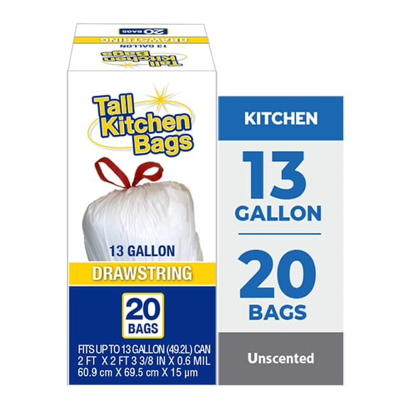 Basic Kitchen Trash Bags, 13 Gallon, Drawstring, 20 Bags