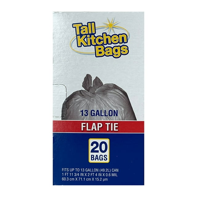 Basic Kitchen Trash Bags, 13 Gallon, Flap tie, 20 Bags