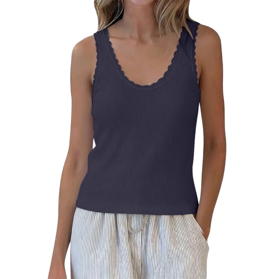 Basic Lace Trim Tank Tops for Women Summer Ribbed Pullovers Loose Sleeveless Going Out Casual T-Shirt