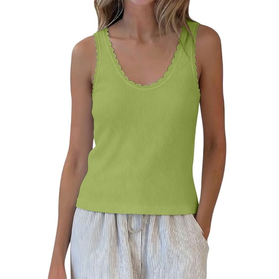 Basic Lace Trim Tank Tops for Women Summer Ribbed Pullovers Loose Sleeveless Going Out Casual T-Shirt