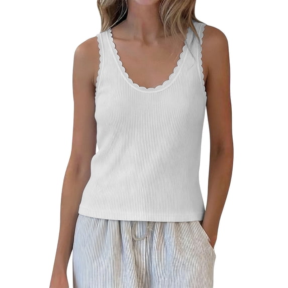Basic Lace Trim Tank Tops for Women Summer Ribbed Pullovers Loose Sleeveless Going Out Casual T-Shirt