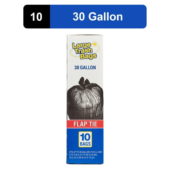 Basic Large Trash Bags, 30 Gallon, Flap Tie, 10 Bags