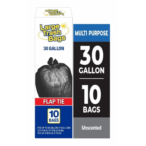 Basic Large Trash Bags, 30 Gallon, Flap Tie, 10 Bags