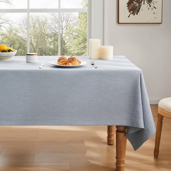 Basic Linen Textured Table Cloth, 60 x 120 Inch Chambray Blue, Farmhouse Style Light Blue Rectangle Tablecloth