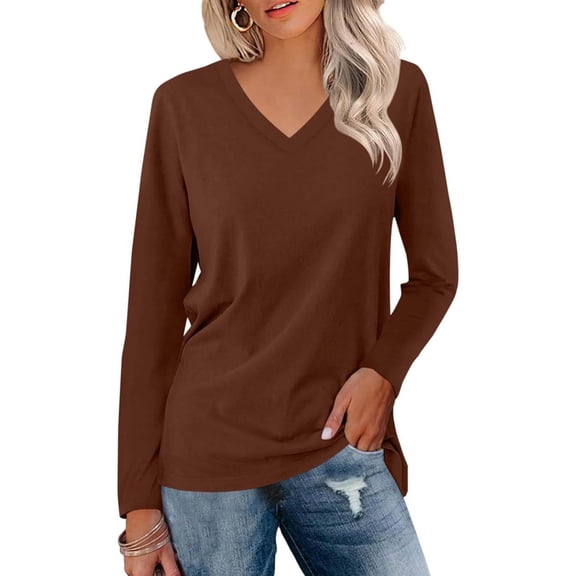Basic Long Sleeve Shirts For Women Solid Color Loose Sleeved V Neck T Shirt Top Casual Loose Fall Basic Blouses Vacation Clothes Brown M