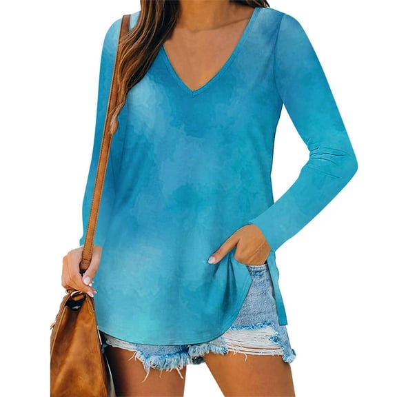 Basic Long Sleeve Shirts For Women V Neck Solid Color Loose Elegant Casual Tunic Tops Breathable Soft Summer Work Tee Pullover Outfits Blue L