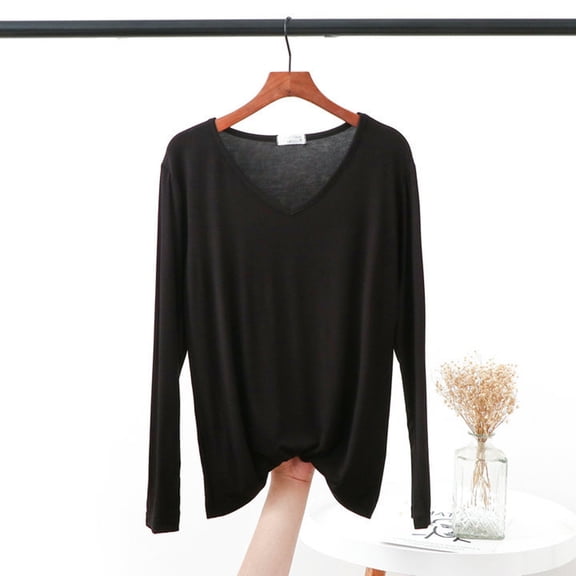 Basic Long Sleeve Shirts For Women V Neck Solid Color Loose Fashion Dressy Casual Tunic Tops Comfy Soft Winter Blouses Pullover Outfits Black XXL