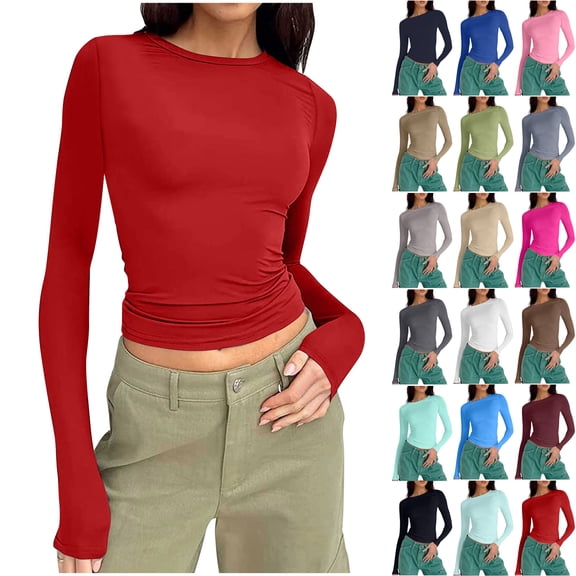 Basic Long Sleeve Shirts for Women Crew Neck Underwear Shirts Solid Color Close Fitting Seamless Tummy Control Stretch Fitted Womens Top Effortless Layering Shirts