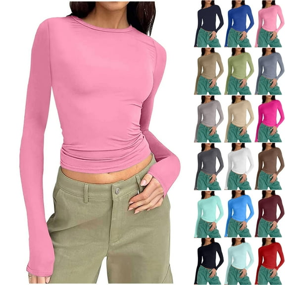 Basic Long Sleeve Shirts for Women Crew Neck Underwear Shirts Solid Color Close Fitting Seamless Tummy Control Stretch Fitted Womens Top Effortless Layering Shirts