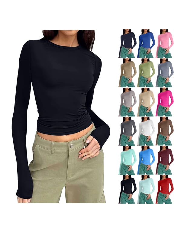 Basic Long Sleeve Tops for Women Crew Neck Underwear Shirts Solid Color Close Fitting Seamless Tummy Control Stretch Fitted Womens Top Effortless Layering Shirts