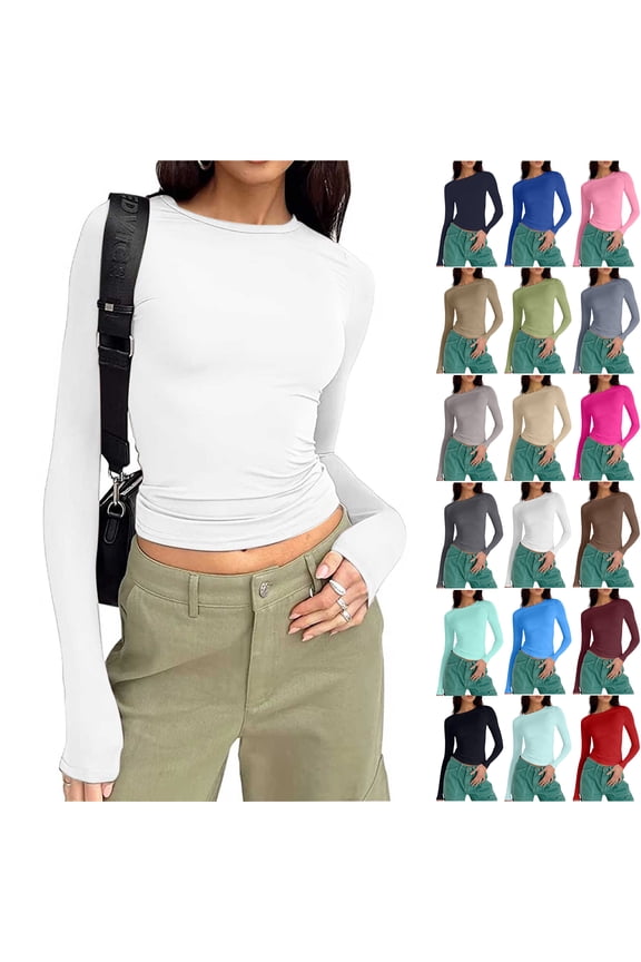 Basic Long Sleeve Tops for Women Crew Neck Underwear Shirts Solid Color Close Fitting Seamless Tummy Control Stretch Fitted Womens Top Effortless Layering Shirts