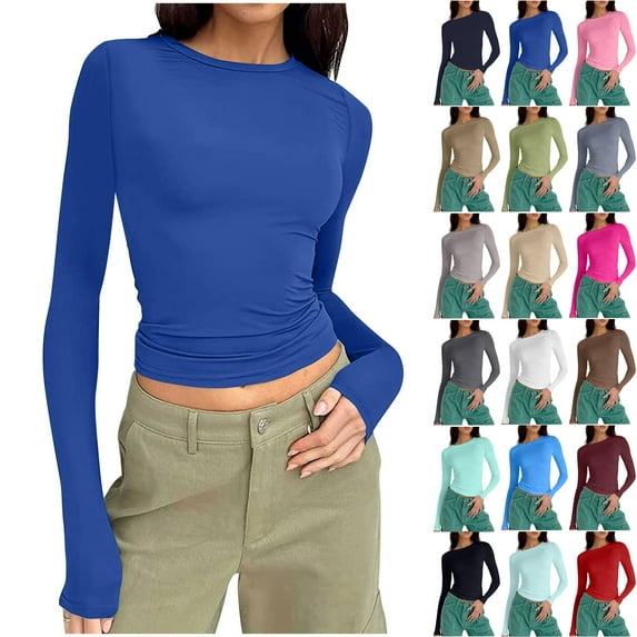 Basic Long Sleeve Tops for Women Crew Neck Underwear Shirts Solid Color Close Fitting Seamless Tummy Control Stretch Fitted Womens Top Effortless Layering Shirts