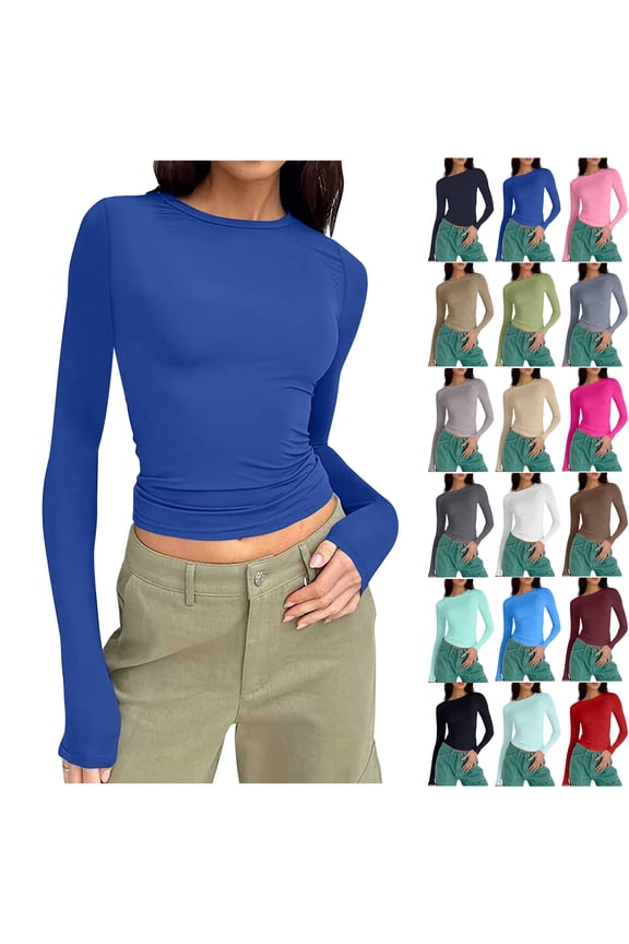 Long Sleeve Shirts for Women Crew Neck Underwear Shirts Solid Color Close Fitting Seamless Tummy Control Stretch Fitted Womens Top Effortless Layering Shirts