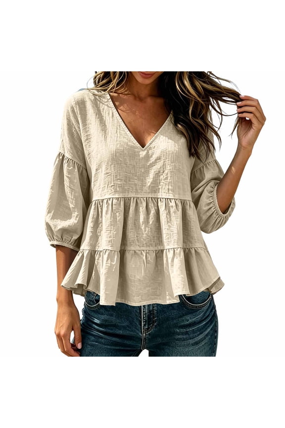 Basic Loose Tees for Women’s V Neck Peplum Blouses - 3/4 Puff Sleeve Loose Flowy Tops - Ruffle Hem Summer Beach Vacation Tops S