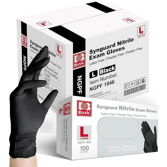Basic Medical Black Nitrile Exam Gloves - Latex-Free & Powder-Free, 5 mil Gloves, NGPF-1045(pack of 1000), Large