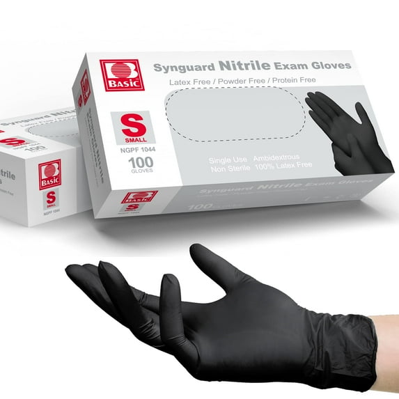 Basic Medical Black Nitrile Exam Gloves - Latex-Free & Powder-Free, Gloves, NGPF-1044(pack of 100), Small