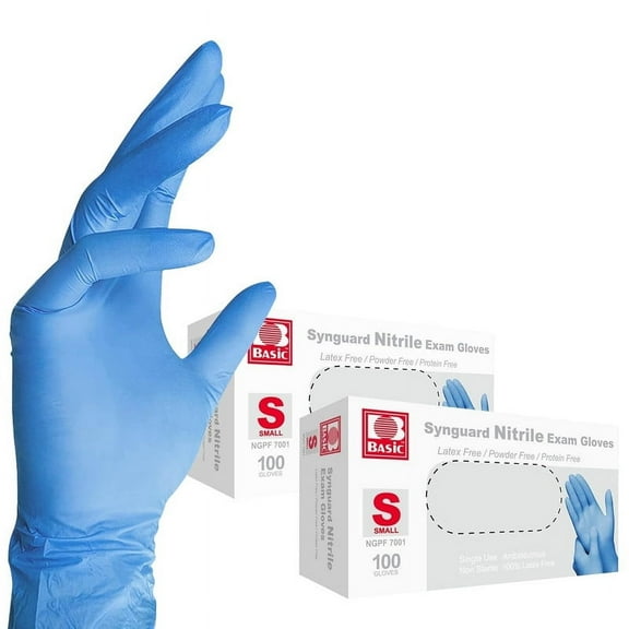 Basic Medical Blue Nitrile Exam Gloves, S - Latex-Free & Powder-Free - 2 boxes of 100, Small-NGPF-7001