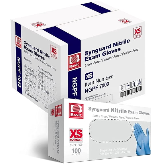 Basic Medical Blue Nitrile Exam Gloves, XS - Latex-Free & Powder-Free - NGPF-7000(Case of 1,000), X-Small