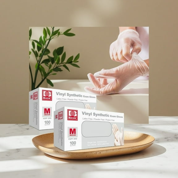 Basic Medical Clear Vinyl Exam Gloves - Latex-Free & Powder-Free -(2 Boxes of 100), Medium Powder Free, Multi Purpose, Cleaning Disposable gloves