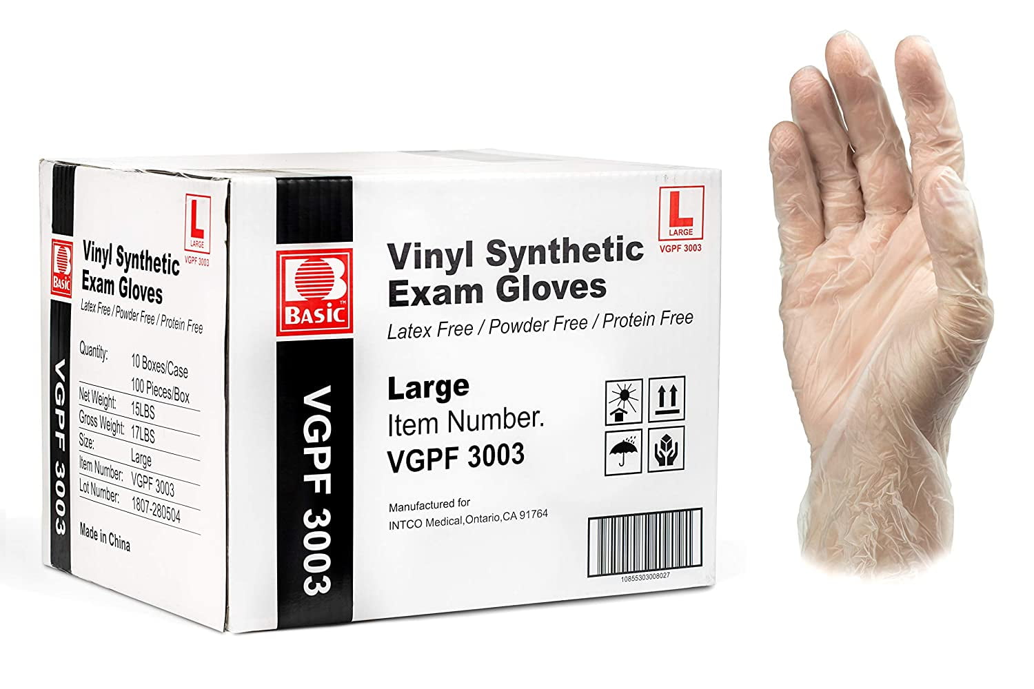 Basic Medical Clear Vinyl Exam Gloves - Latex-Free & Powder-Free - VGPF-3003 (Case of 1,000), Large