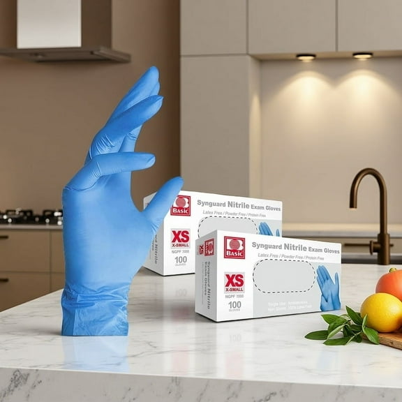 Basic Medical Nitrile Exam Gloves, Powder-Free Non-Sterile Food-Safe Cleaning Disposable Glove, XS-2 boxes of 100, X-Small