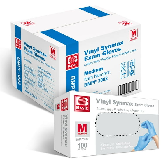 Basic Medical Synmax Vinyl Exam Gloves - Latex-Free & Powder-Free Disposable Glove - Medium, BMPF-3002(1000 Pcs)