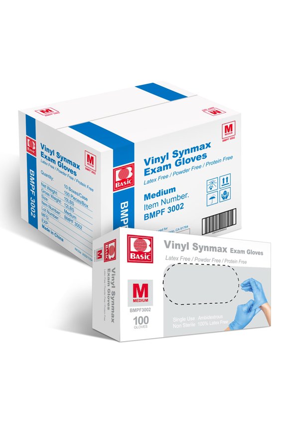 Medical Synmax Vinyl Exam Gloves - Latex-Free & Powder-Free Disposable Glove - Medium, BMPF-3002(1000 Pcs)