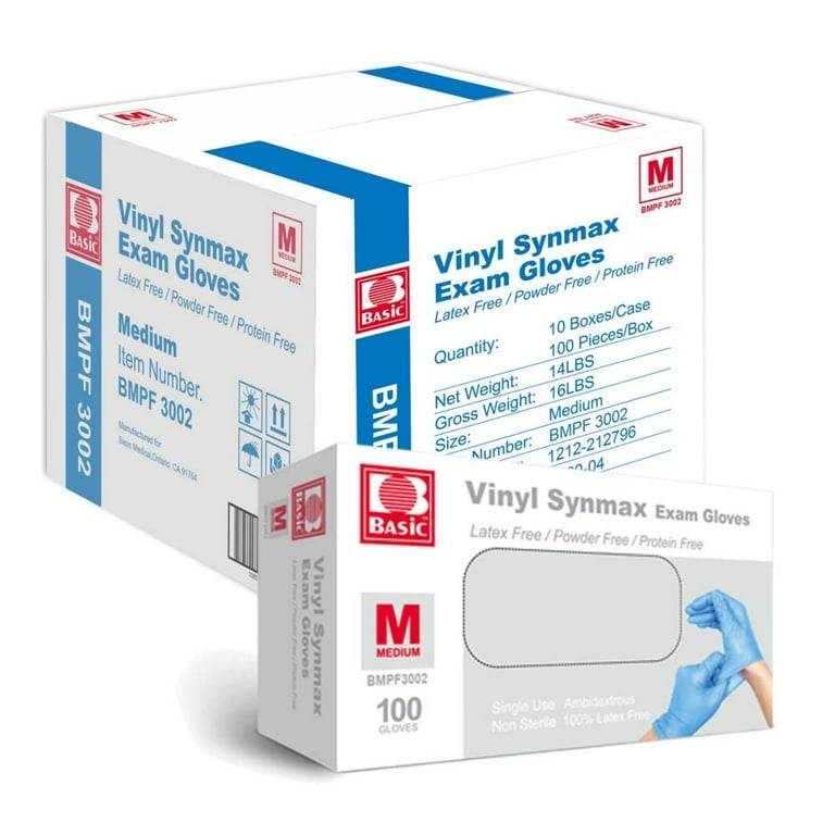 Basic Medical Synmax Disposable Vinyl Exam Gloves, Medium, Powder