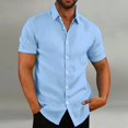 thumbnail image 1 of Basic Mens Short Sleeve Cotton Linen Shirt Button Up Turn Down Collar Casual Summer Beach Vacation Breathable Solid Shirt Light Blue 3XL, 1 of 6