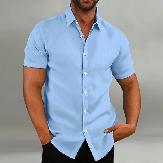 Basic Mens Short Sleeve Cotton Linen Shirt Button Up Turn Down Collar Casual Summer Beach Vacation Breathable Solid Shirt Light Blue 3XL